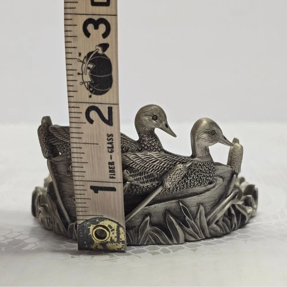 Vintage 70s Ducks In Reeds Pewter Pillar Candle Holder Cabin Country Cottage